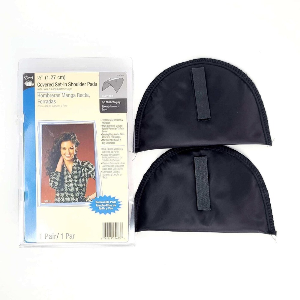 Dritz Covered Set-In Shoulder Pads Women 1/2" Black Hook & Loop Removable New